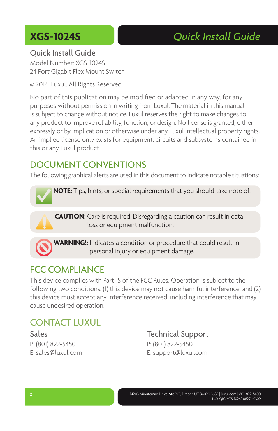 Quick install guide xgs-1024s, Document conventions, Fcc compliance | Contact luxul | Luxul XGS-1024S User Manual | Page 2 / 8