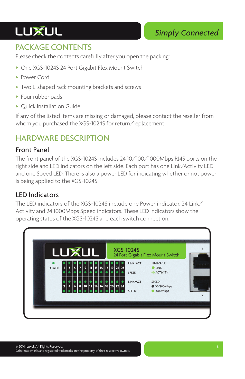 Simply connected, Package contents, Hardware description | Front panel, Led indicators, Power cord, Two l-shaped rack mounting brackets and screws, Four rubber pads | Luxul XGS-1024S User Manual | Page 3 / 8