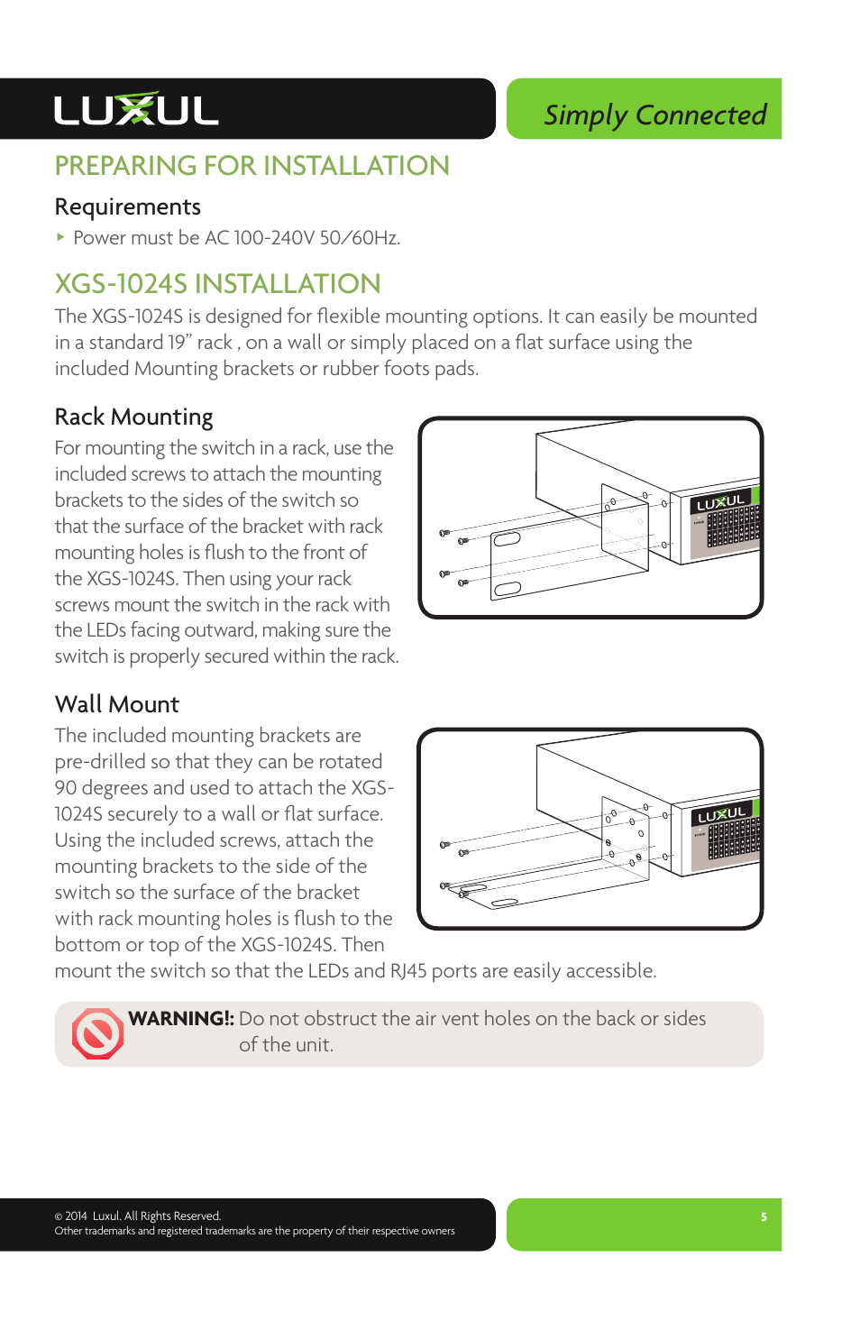 Simply connected, Preparing for installation, Xgs-1024s installation | Requirements, Rack mounting, Wall mount | Luxul XGS-1024S User Manual | Page 5 / 8