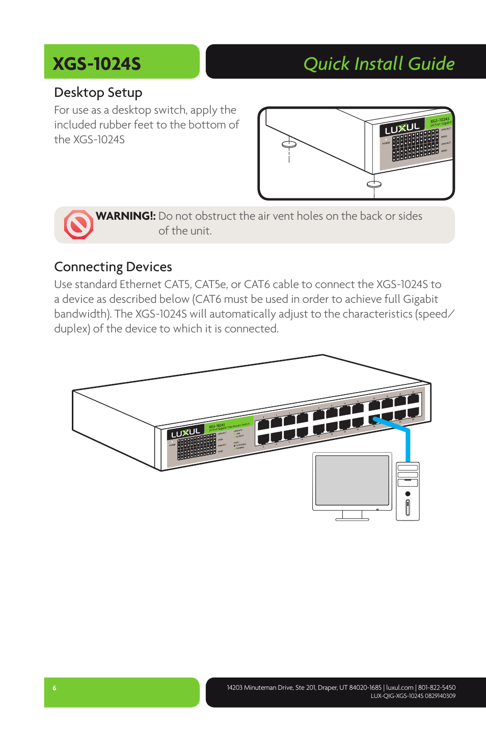 Quick install guide xgs-1024s, Desktop setup, Connecting devices | Luxul XGS-1024S User Manual | Page 6 / 8