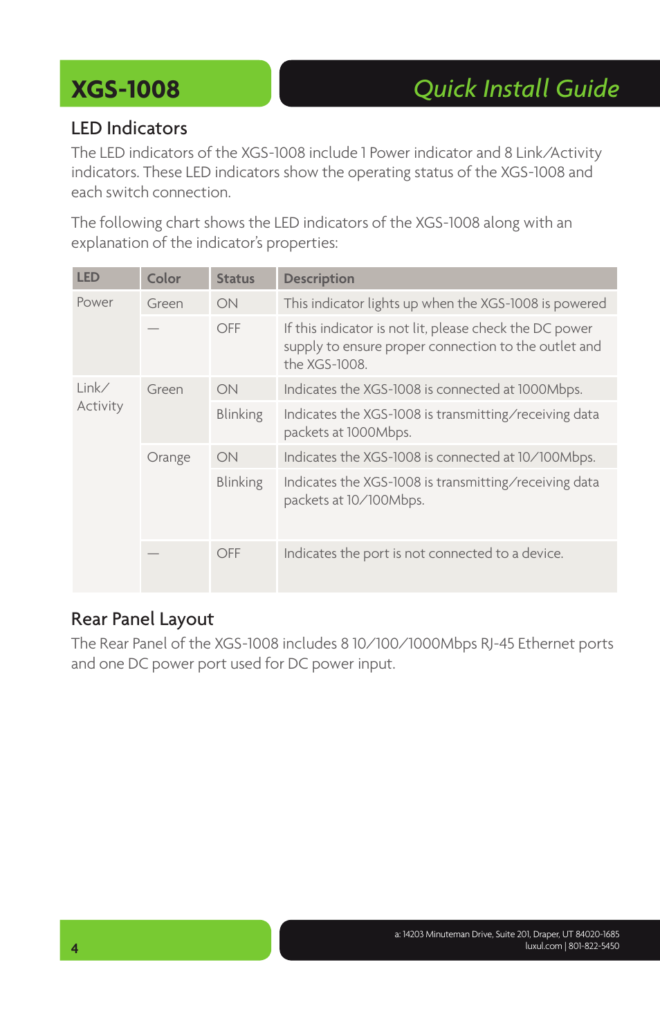 Xgs-1008 quick install guide, Led indicators, Rear panel layout | Luxul XGS-1008 User Manual | Page 4 / 8