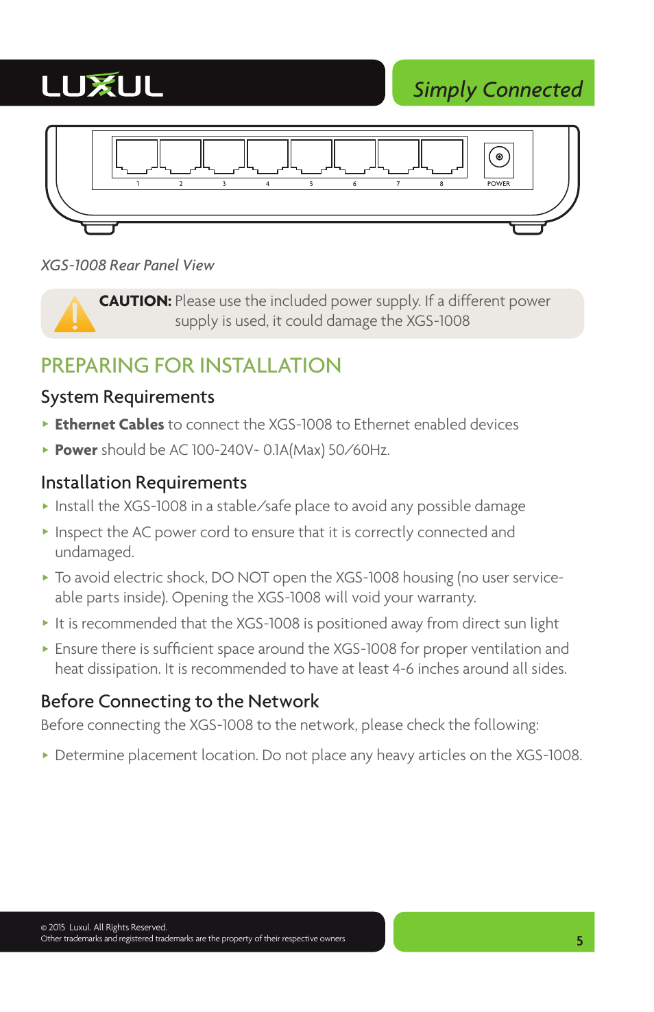 Simply connected, Preparing for installation, System requirements | Installation requirements, Before connecting to the network | Luxul XGS-1008 User Manual | Page 5 / 8