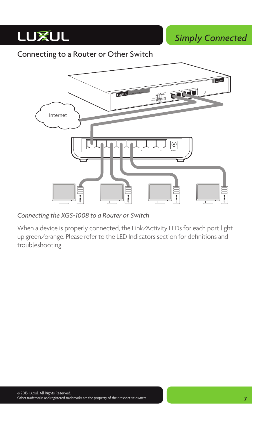 Simply connected, Connecting to a router or other switch, Internet | 2015 luxul. all rights reserved | Luxul XGS-1008 User Manual | Page 7 / 8