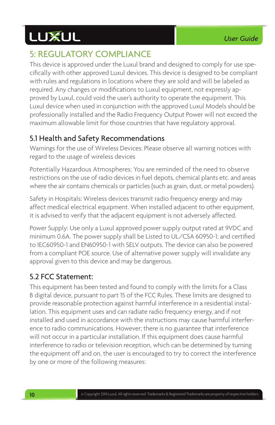 Regulatory compliance, 1 health and safety recommendations, 2 fcc statement | Luxul XGS-1008 User Manual | Page 10 / 12