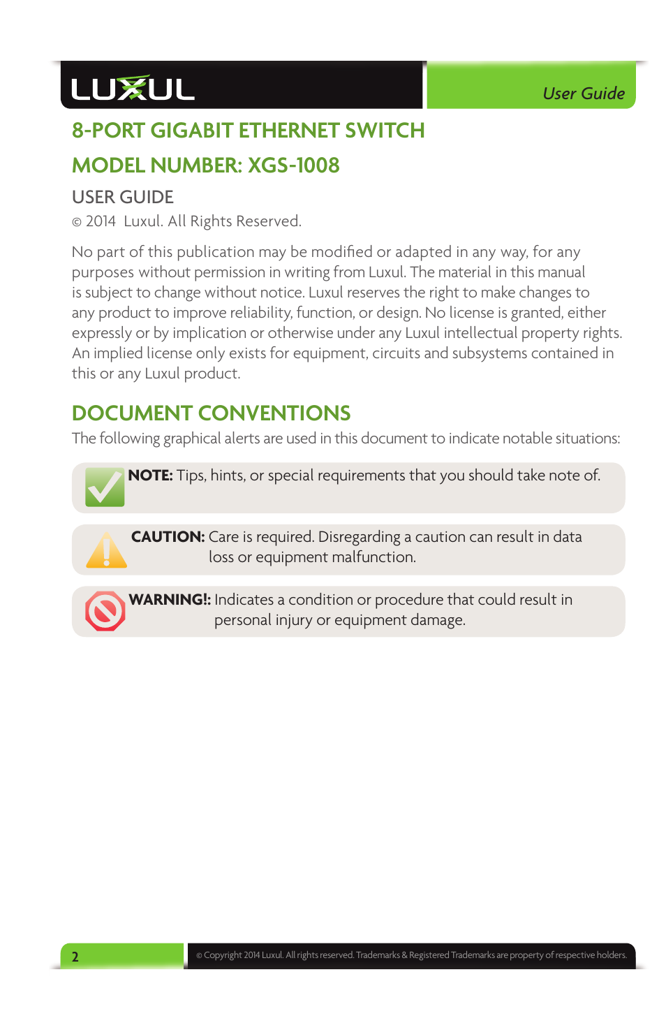 Document conventions | Luxul XGS-1008 User Manual | Page 2 / 12