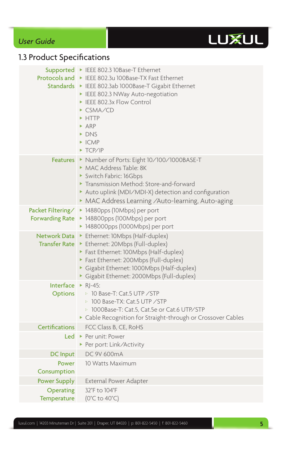 3 product specifi cations, User guide, Mac address learning /auto-learning, auto-aging | Supported protocols and standards, Ieee 802.3 nway auto-negotiation, Ieee 802.3x flow control, Csma/cd, Icmp, Tcp/ip features, Mac address table: 8k | Luxul XGS-1008 User Manual | Page 5 / 12