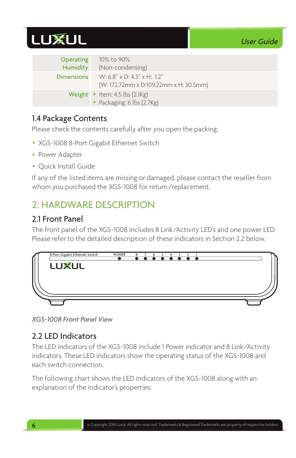 Hardware description, 4 package contents, 1 front panel | 2 led indicators, User guide, Power adapter, Xgs-1008 front panel view | Luxul XGS-1008 User Manual | Page 6 / 12