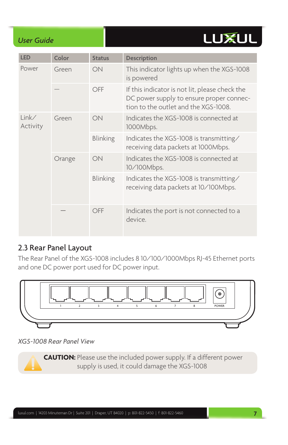 3 rear panel layout, User guide | Luxul XGS-1008 User Manual | Page 7 / 12