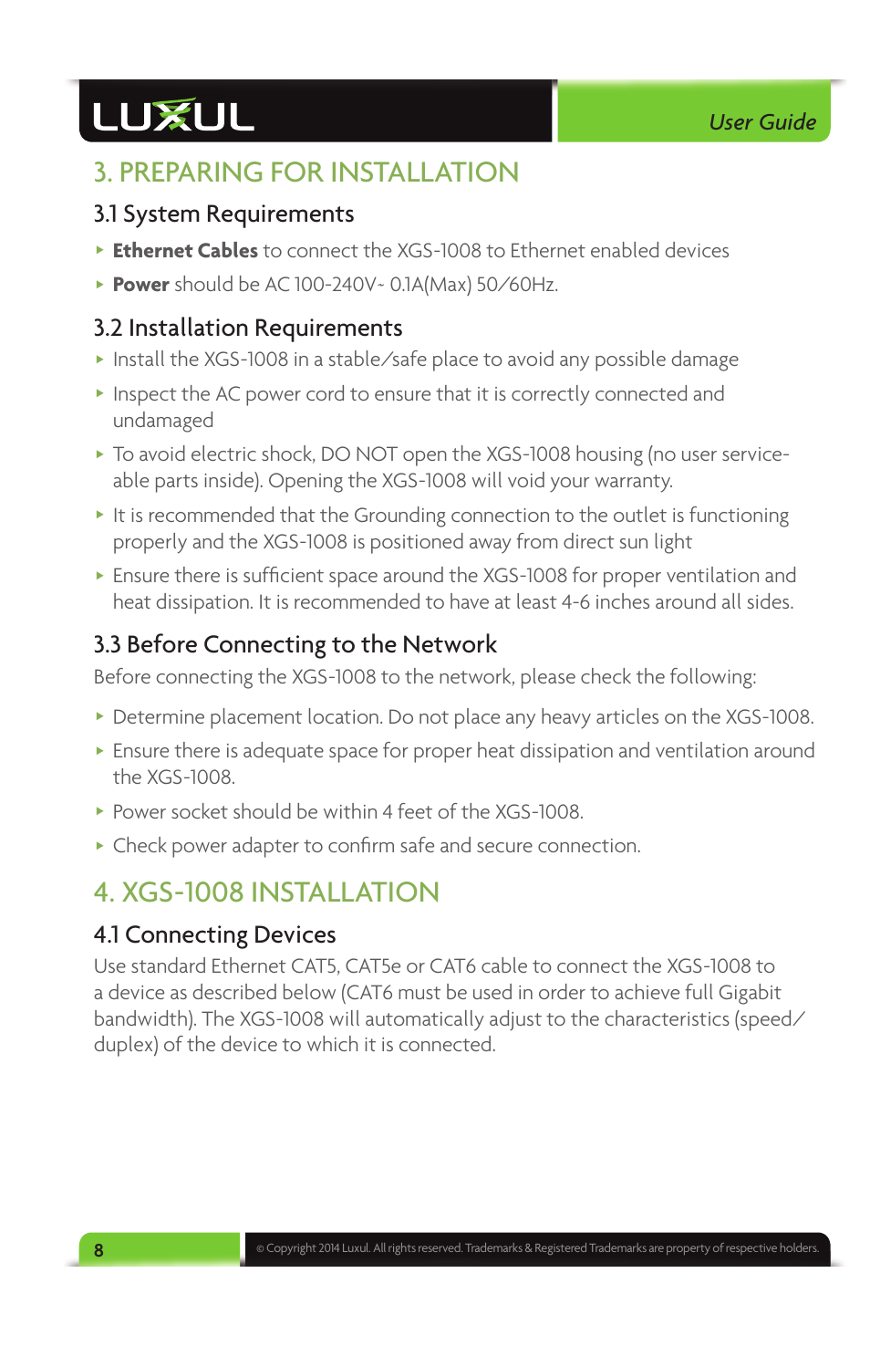 Preparing for installation, Xgs-1008 installation, 1 system requirements | 2 installation requirements, 3 before connecting to the network, 1 connecting devices, User guide | Luxul XGS-1008 User Manual | Page 8 / 12