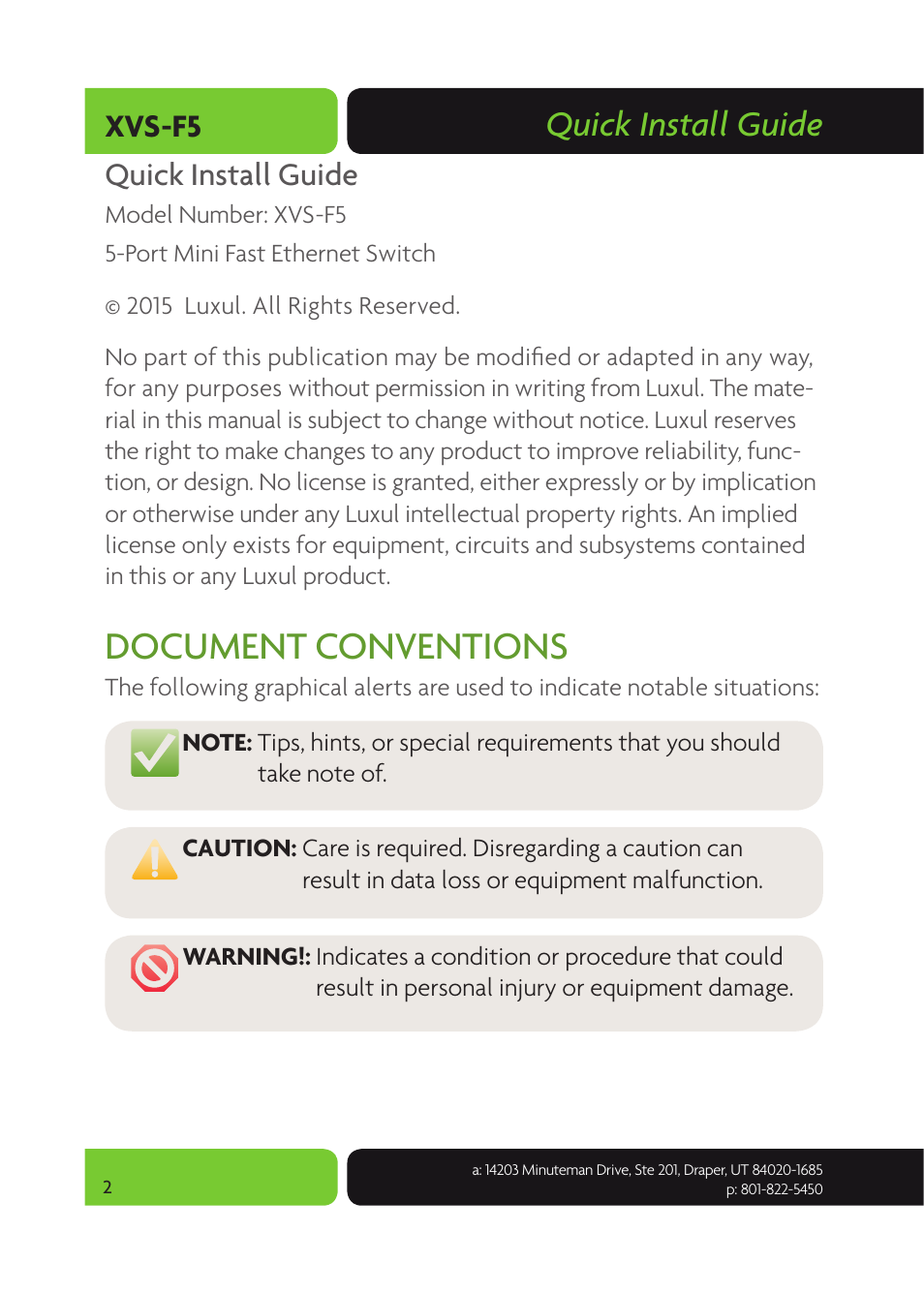 Document conventions, Quick install guide, Xvs-f5 quick install guide | Luxul XVS-F5 User Manual | Page 2 / 8