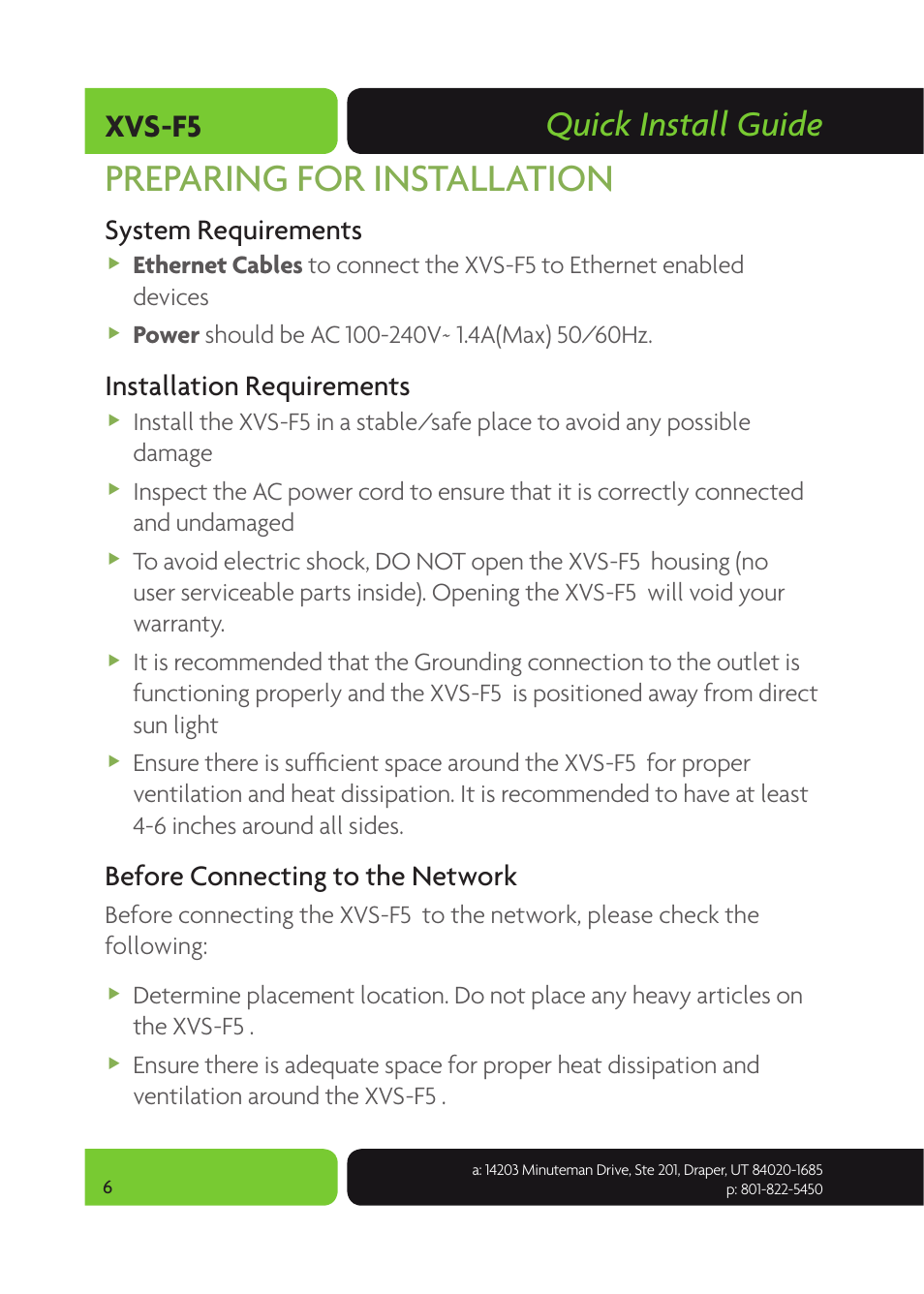 Preparing for installation, Quick install guide, Xvs-f5 | System requirements, Installation requirements, Before connecting to the network | Luxul XVS-F5 User Manual | Page 6 / 8