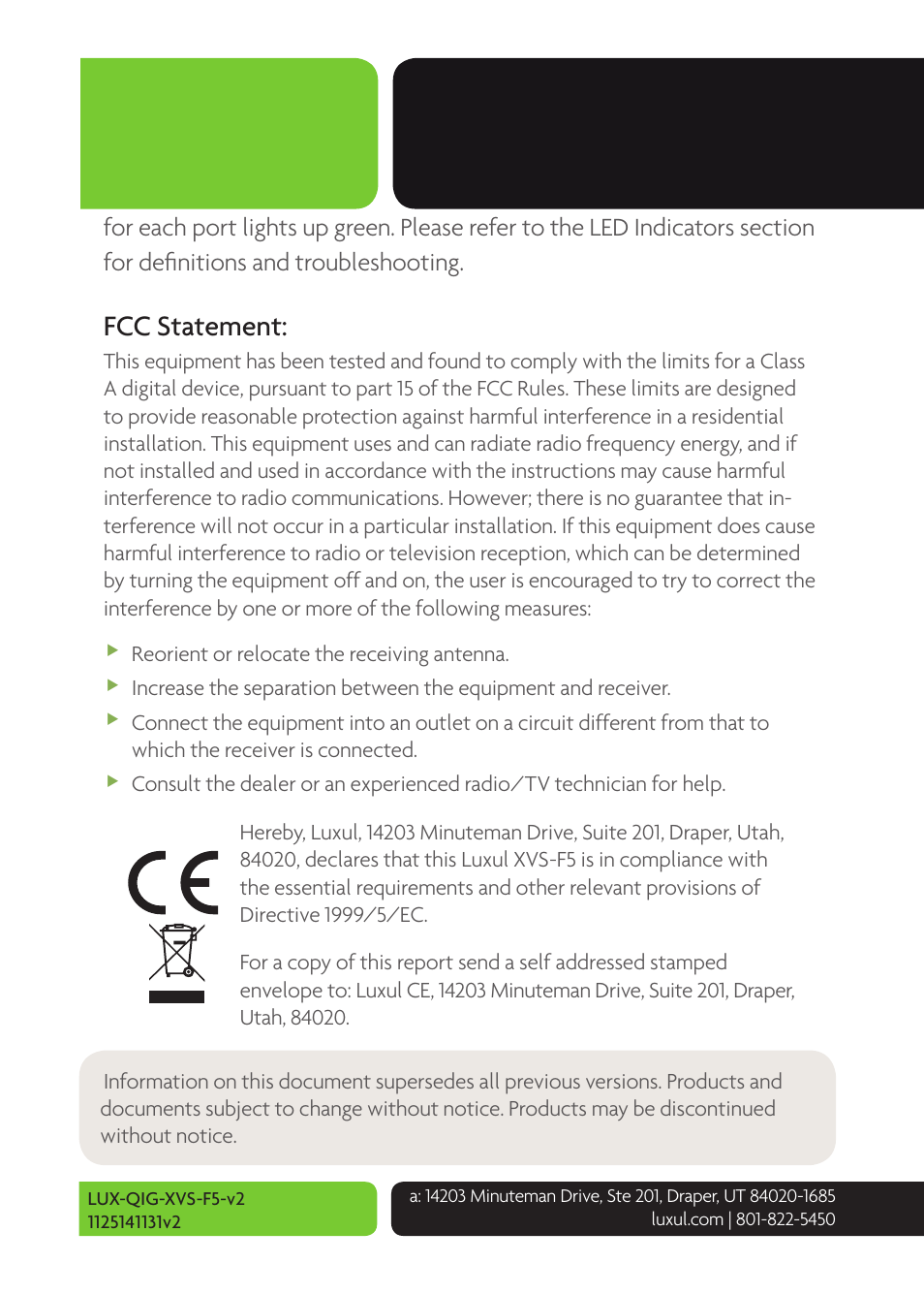 Fcc statement | Luxul XVS-F5 User Manual | Page 8 / 8