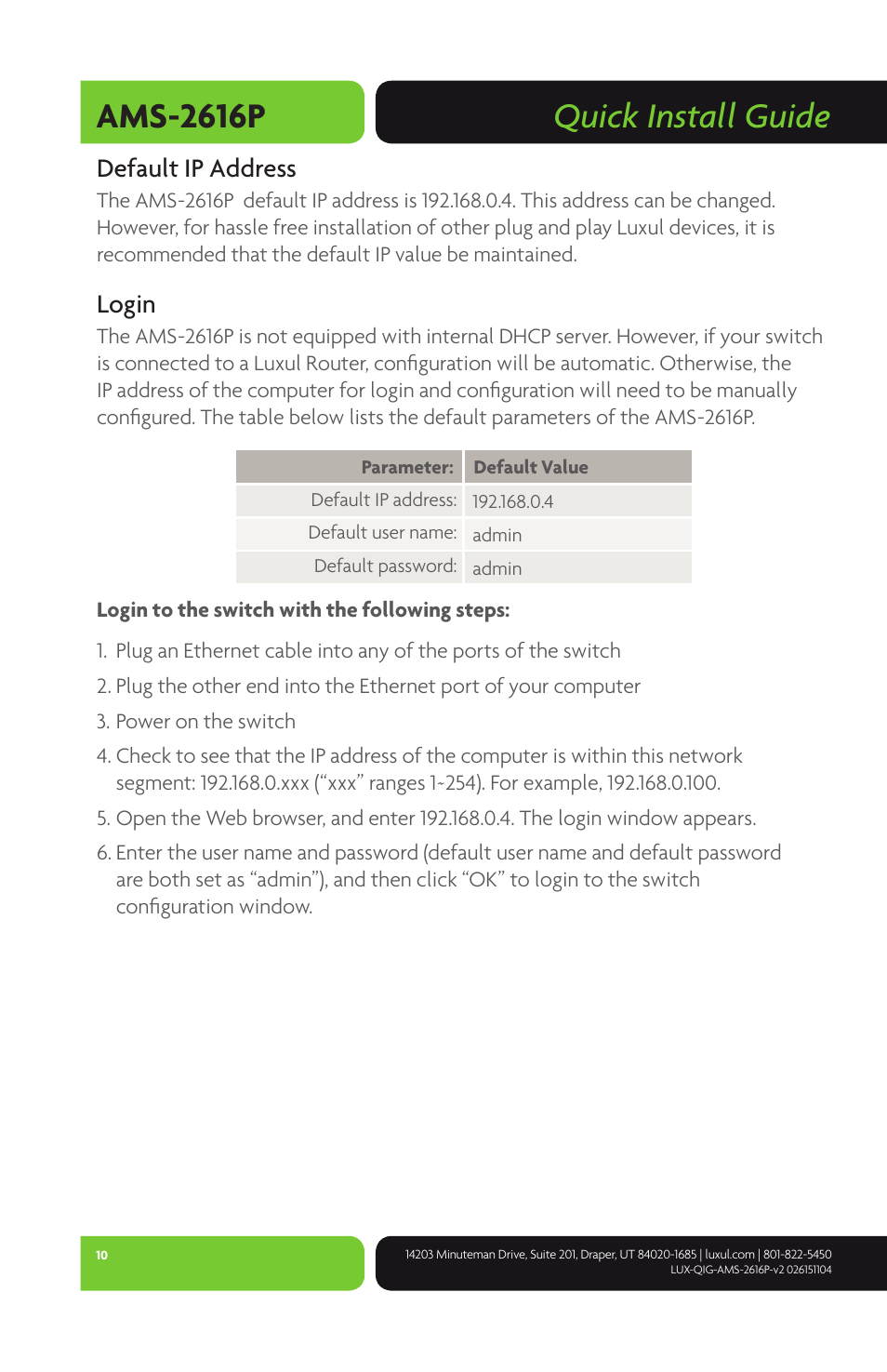 Quick install guide ams-2616p, Default ip address, Login | Luxul AMS-2616P User Manual | Page 10 / 12