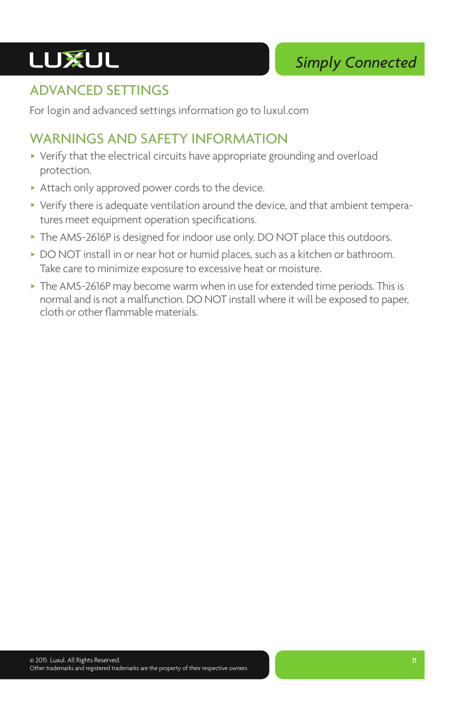 Simply connected, Advanced settings, Warnings and safety information | Attach only approved power cords to the device | Luxul AMS-2616P User Manual | Page 11 / 12