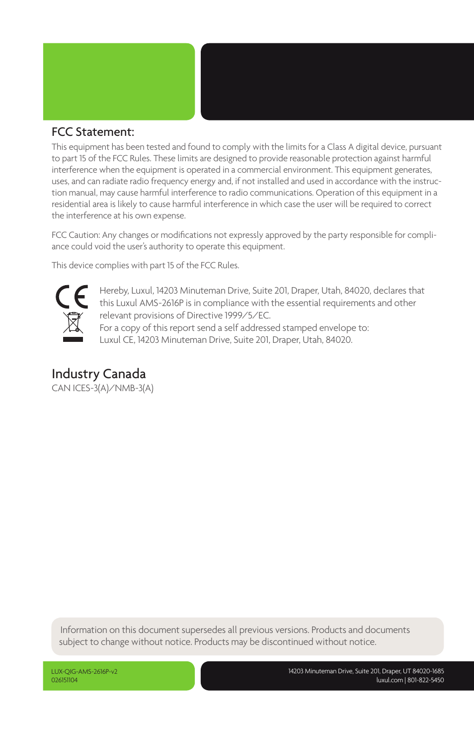 Industry canada, Fcc statement | Luxul AMS-2616P User Manual | Page 12 / 12