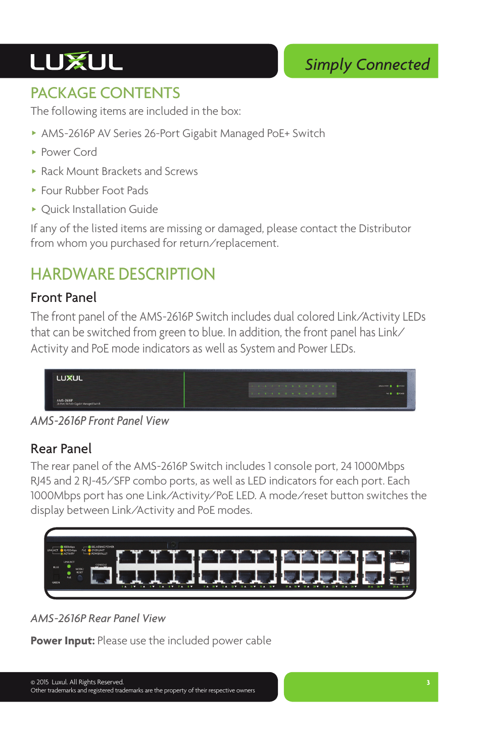 Hardware description, Simply connected, Package contents | Front panel, Rear panel | Luxul AMS-2616P User Manual | Page 3 / 12