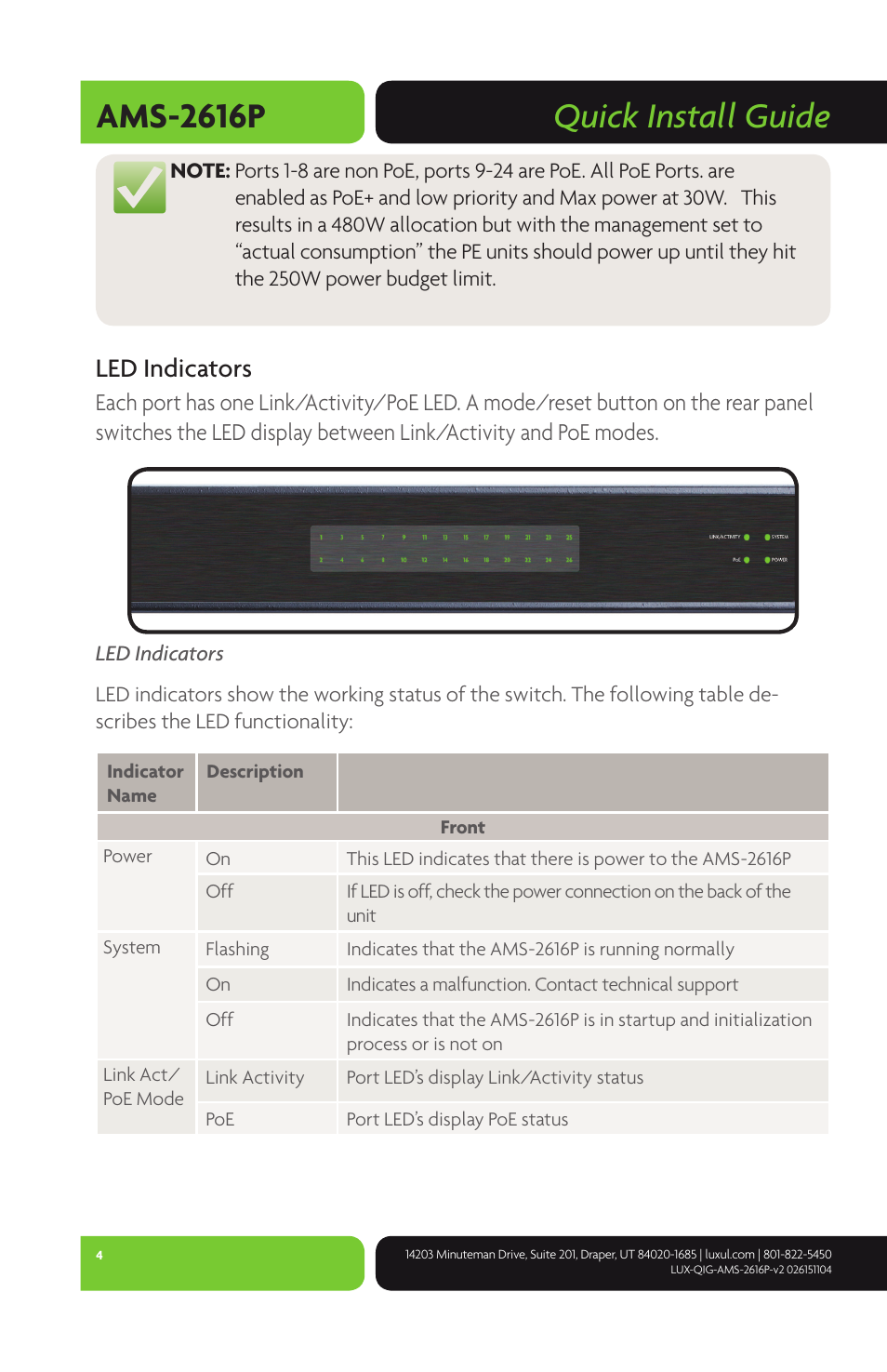 Quick install guide ams-2616p, Led indicators | Luxul AMS-2616P User Manual | Page 4 / 12