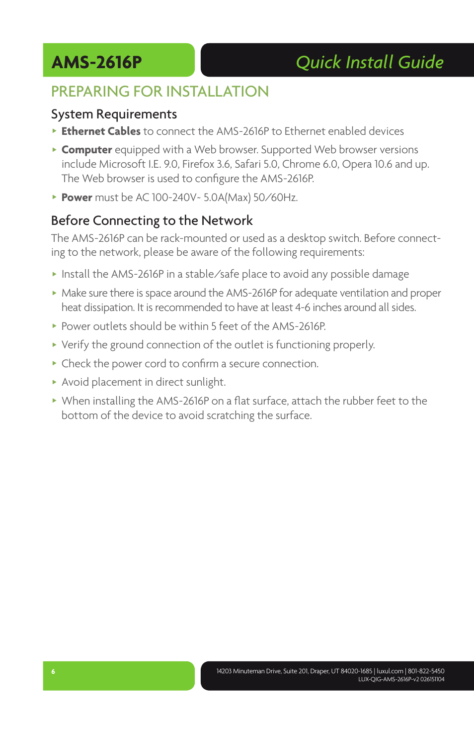 Quick install guide ams-2616p, Preparing for installation, System requirements | Before connecting to the network, Avoid placement in direct sunlight | Luxul AMS-2616P User Manual | Page 6 / 12