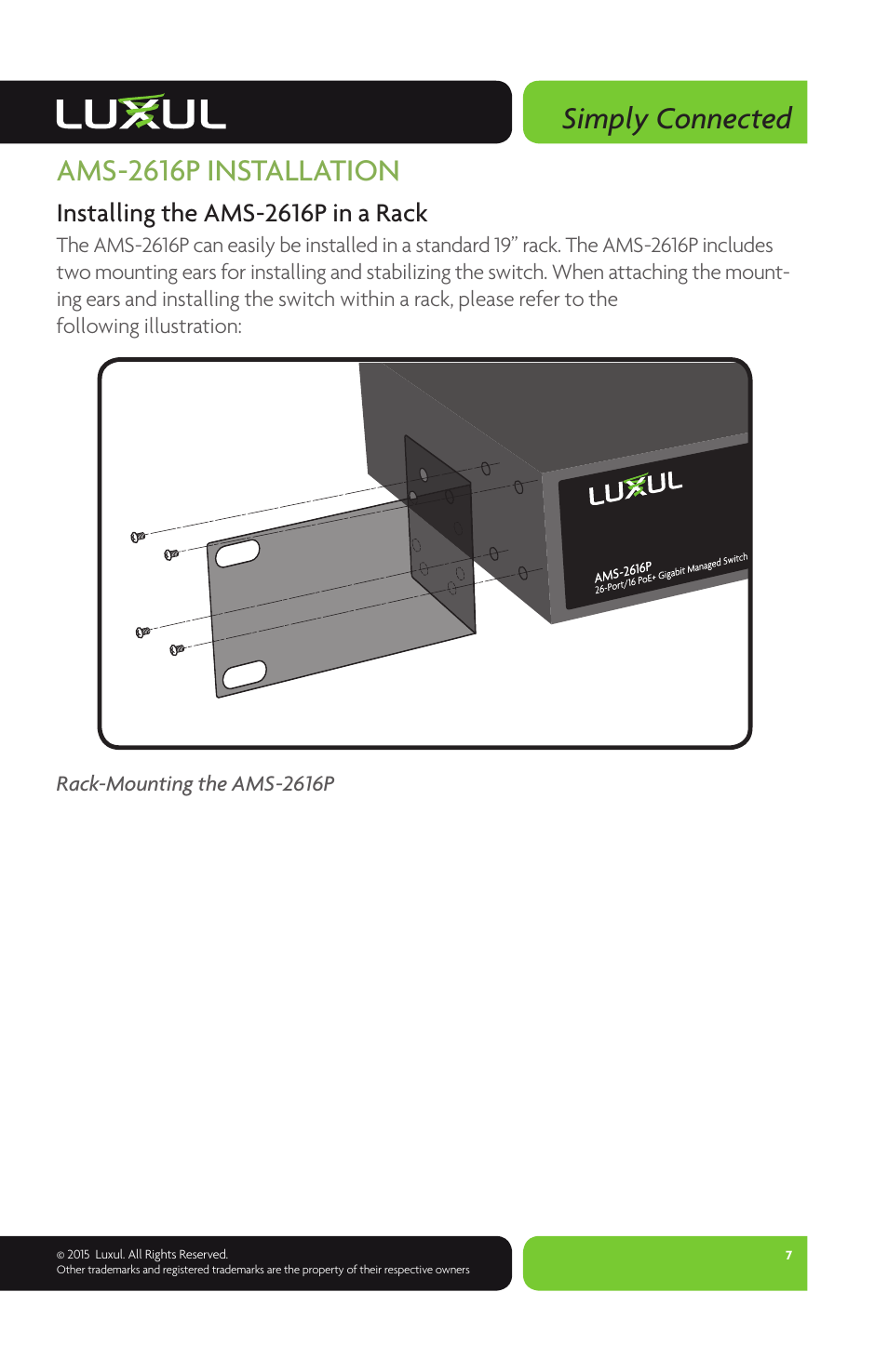 Simply connected, Ams-2616p installation, Installing the ams-2616p in a rack | Luxul AMS-2616P User Manual | Page 7 / 12