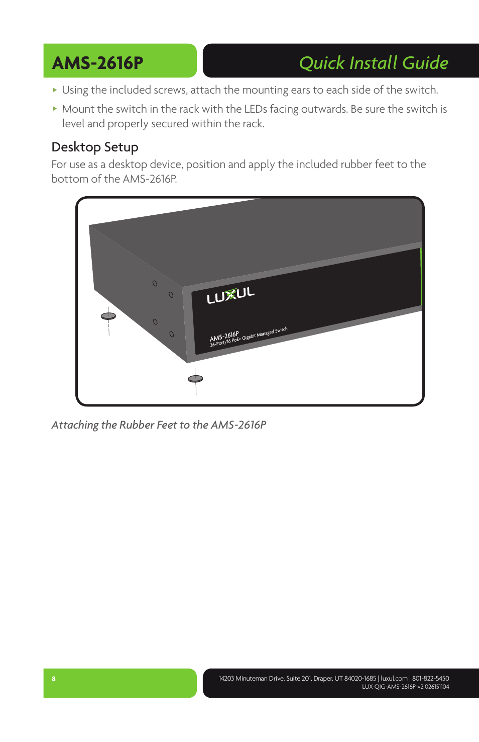 Quick install guide ams-2616p, Desktop setup | Luxul AMS-2616P User Manual | Page 8 / 12