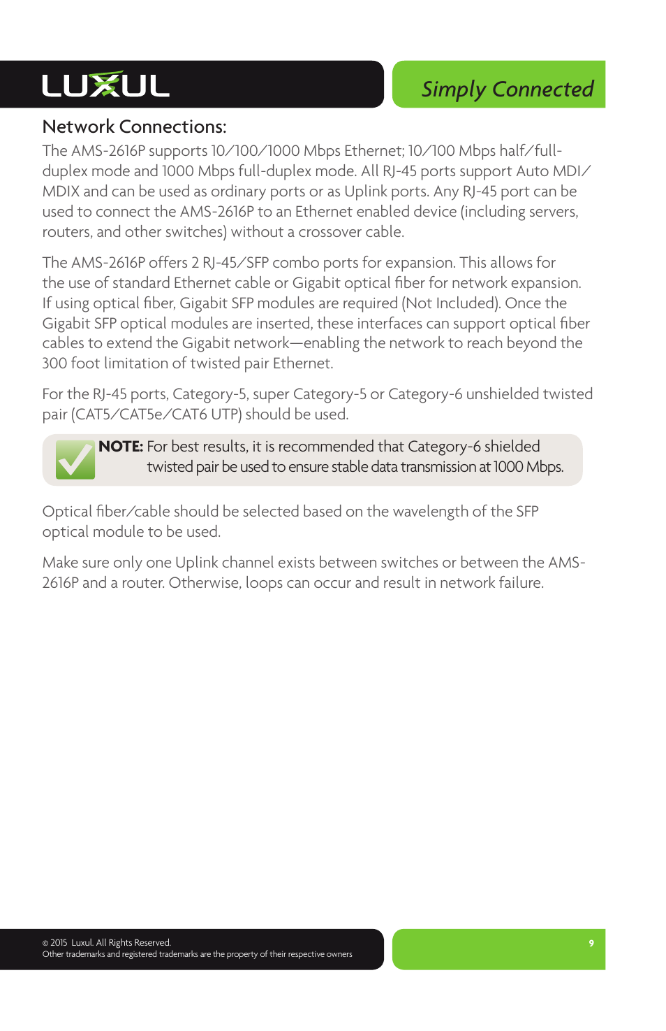 Simply connected, Network connections | Luxul AMS-2616P User Manual | Page 9 / 12