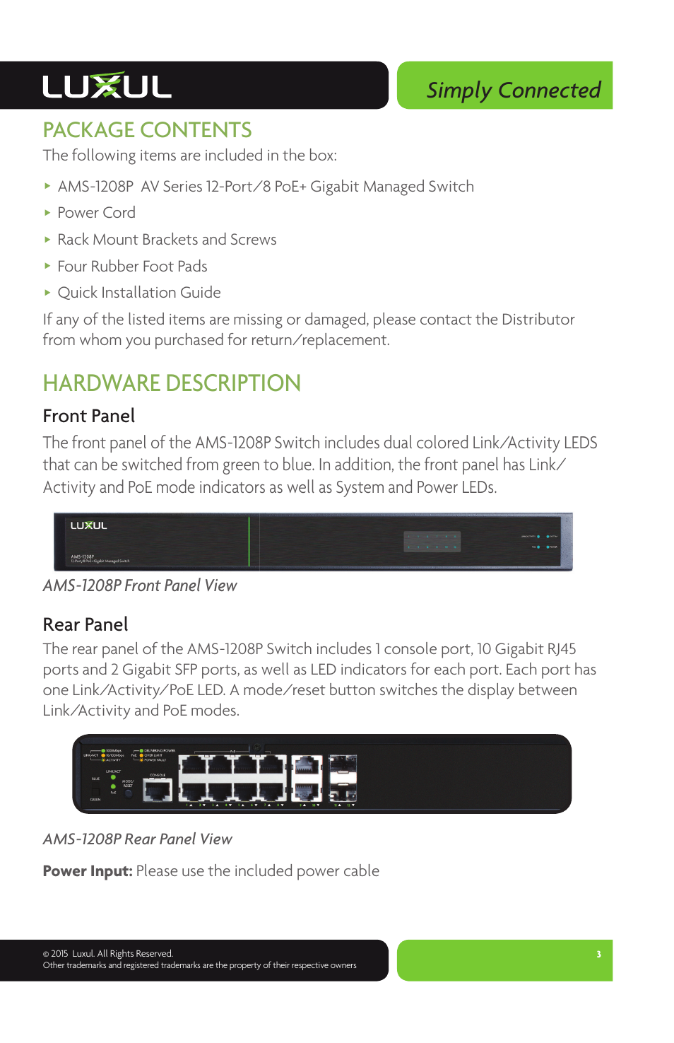 Hardware description, Simply connected, Package contents | Front panel, Rear panel | Luxul AMS-1208P User Manual | Page 3 / 8