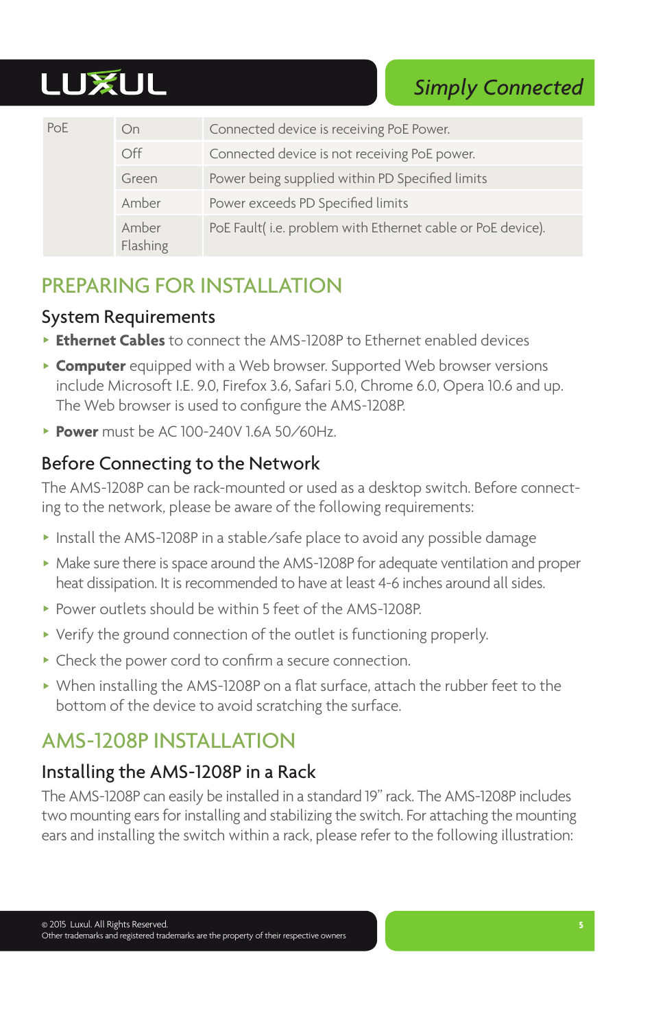 Simply connected, Preparing for installation, Ams-1208p installation | System requirements, Before connecting to the network, Installing the ams-1208p in a rack | Luxul AMS-1208P User Manual | Page 5 / 8