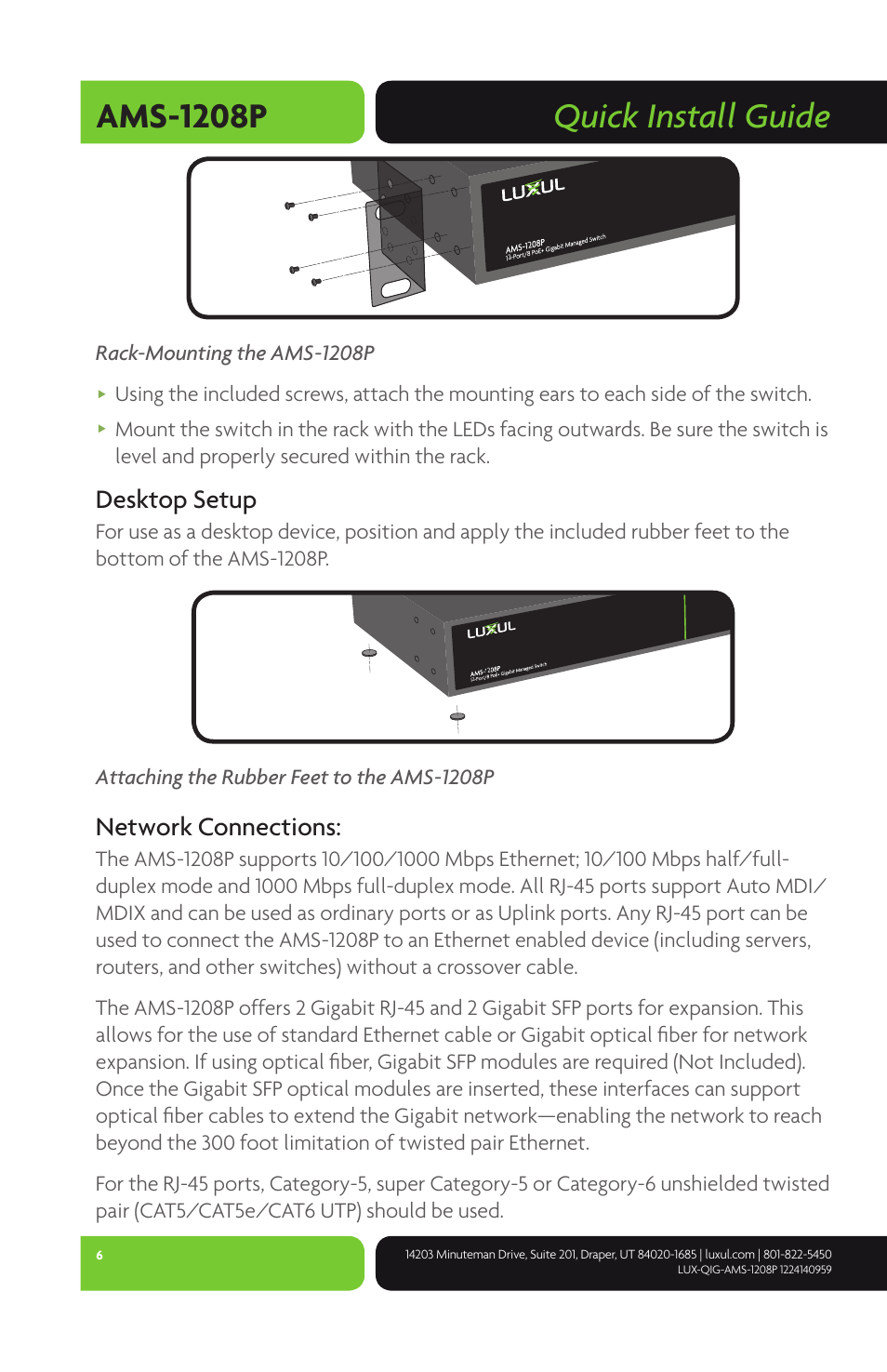 Quick install guide ams-1208p, Desktop setup, Network connections | Rack-mounting the ams-1208p, Attaching the rubber feet to the ams-1208p | Luxul AMS-1208P User Manual | Page 6 / 8