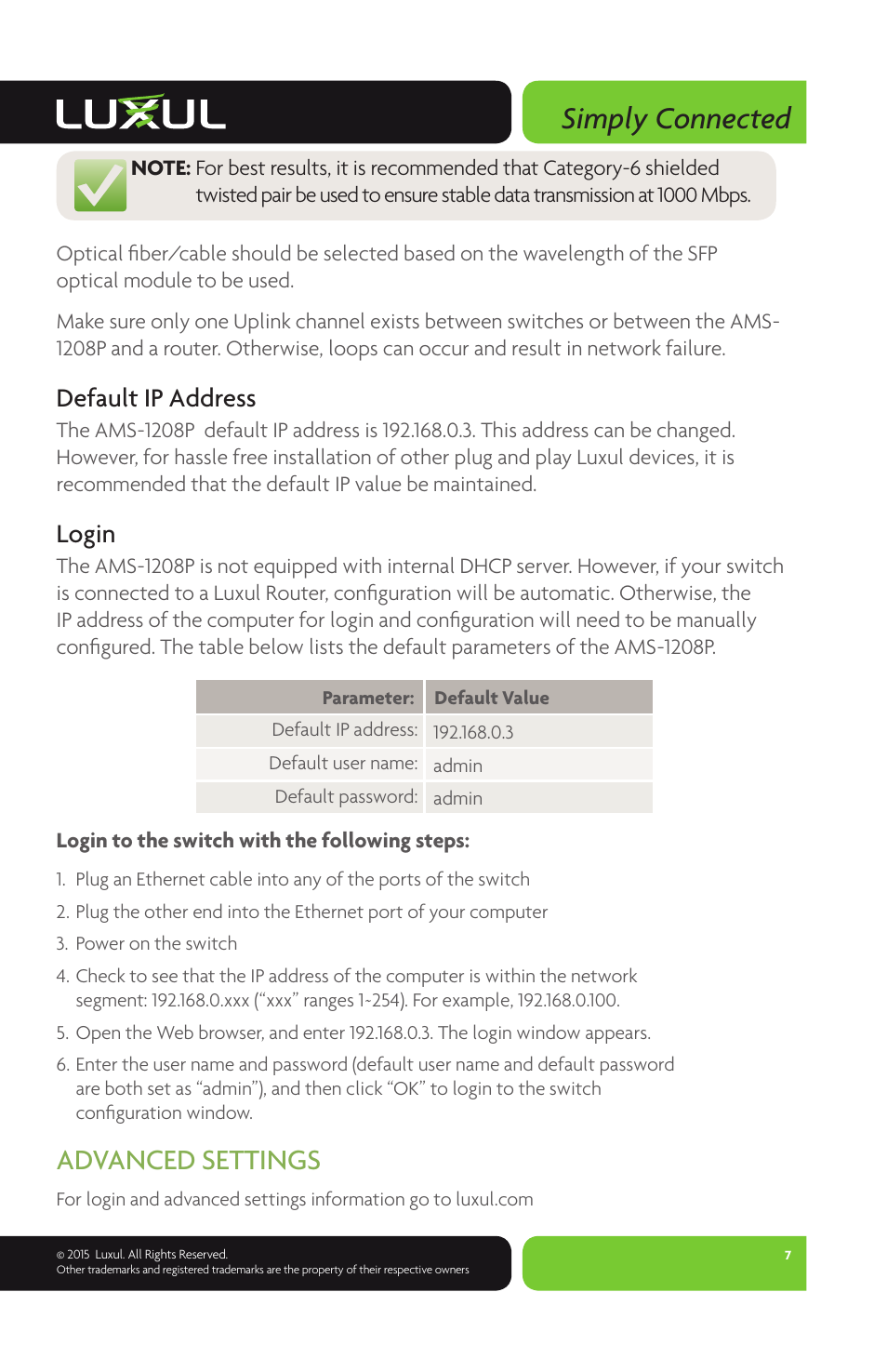 Simply connected, Advanced settings, Default ip address | Login | Luxul AMS-1208P User Manual | Page 7 / 8