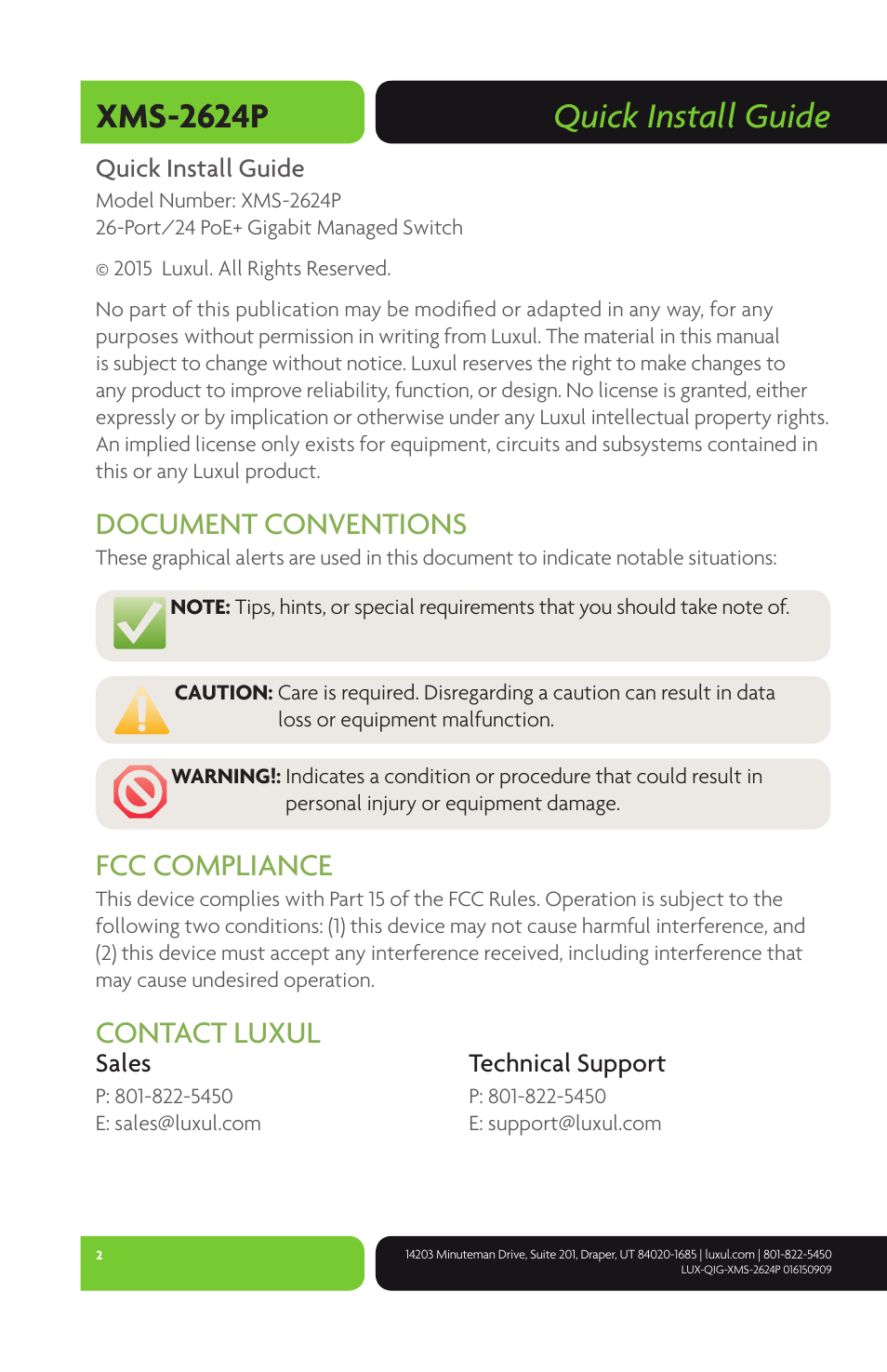 Quick install guide xms-2624p, Document conventions, Fcc compliance | Contact luxul | Luxul XMS-2624P User Manual | Page 2 / 8