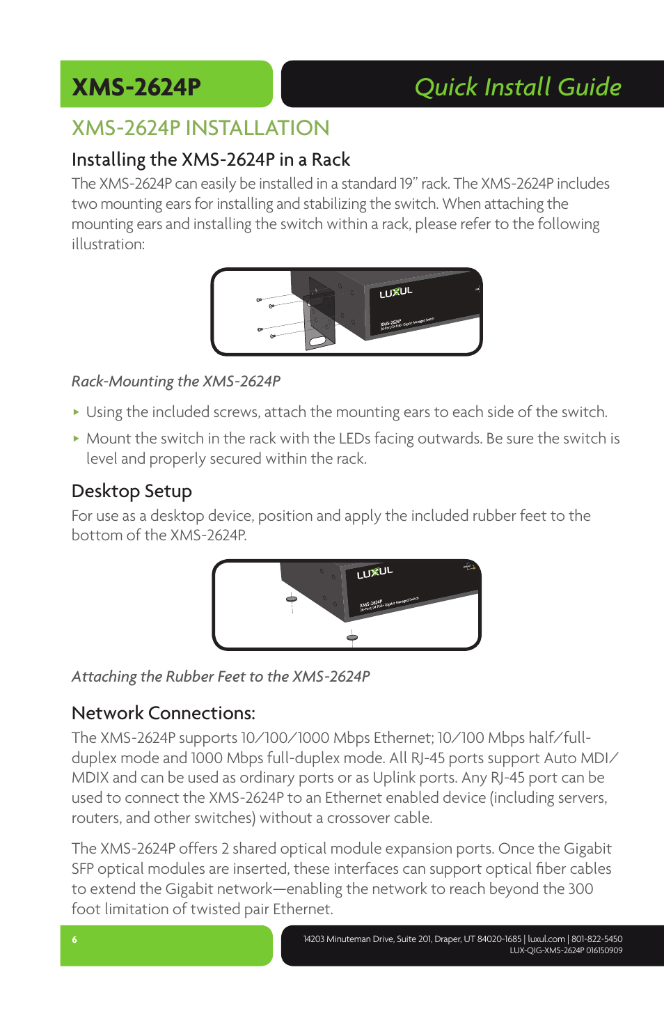 Quick install guide xms-2624p, Xms-2624p installation, Installing the xms-2624p in a rack | Desktop setup, Network connections | Luxul XMS-2624P User Manual | Page 6 / 8