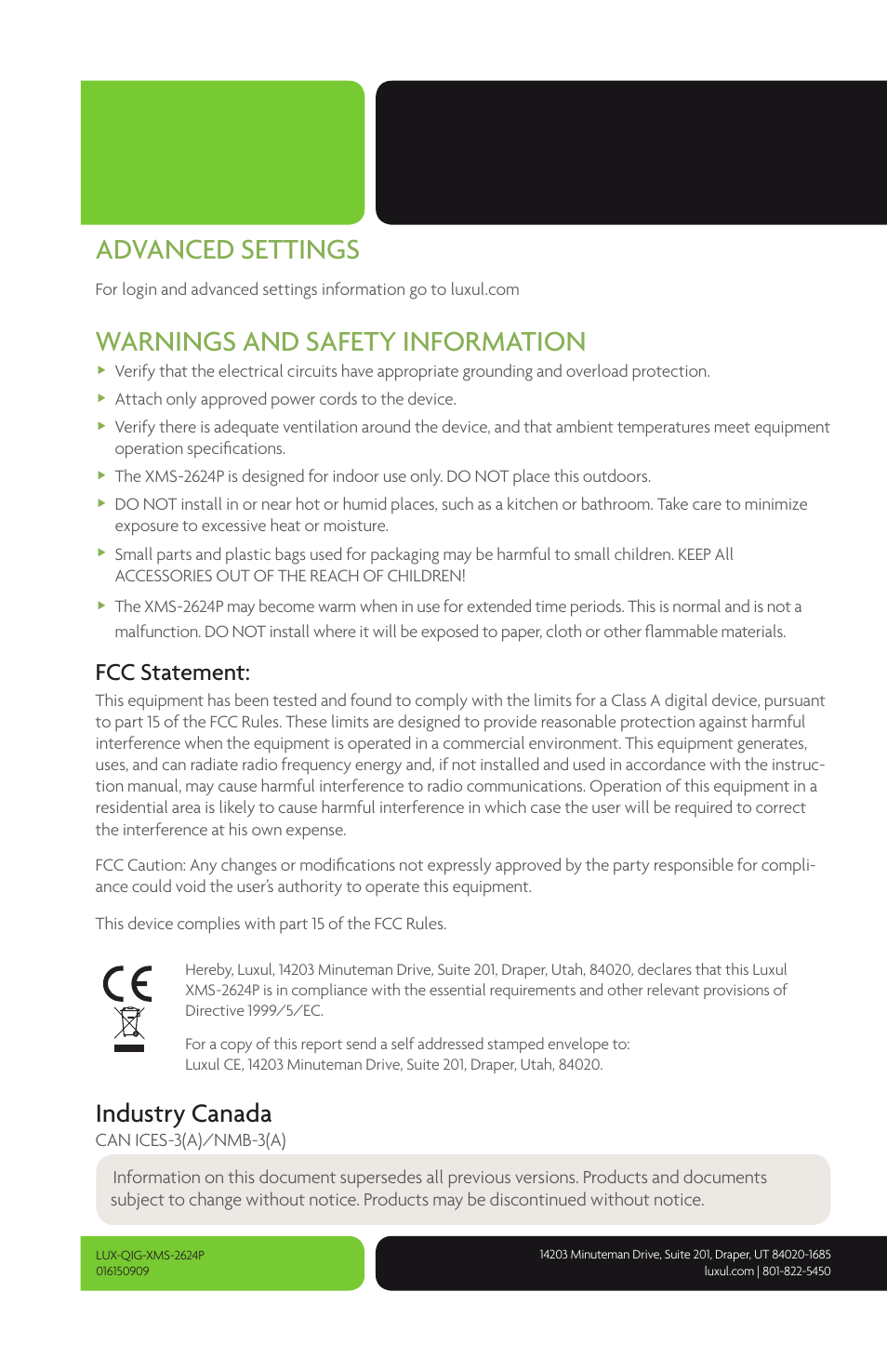 Advanced settings, Warnings and safety information, Industry canada | Fcc statement | Luxul XMS-2624P User Manual | Page 8 / 8