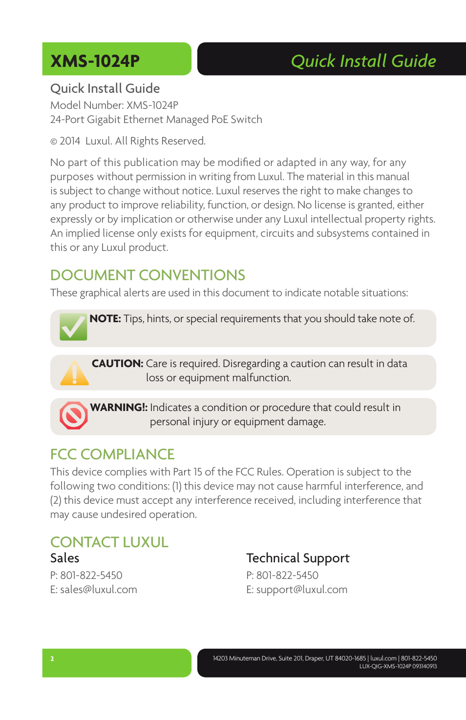 Quick install guide xms-1024p, Document conventions, Fcc compliance | Contact luxul | Luxul XMS-1024P User Manual | Page 2 / 8