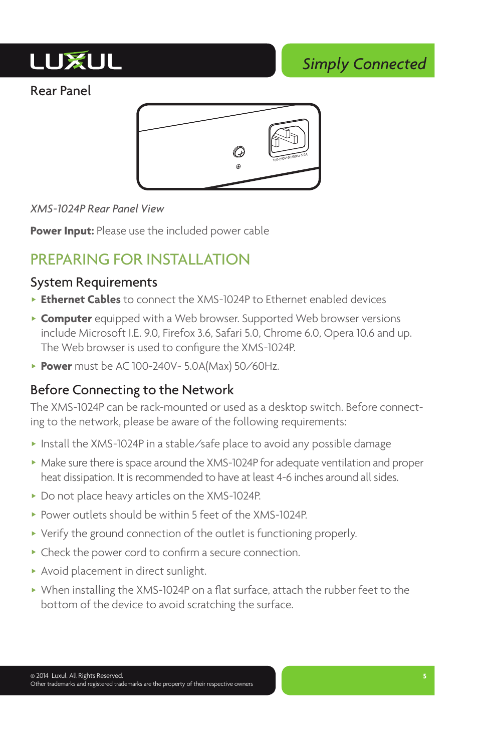 Simply connected, Preparing for installation, Rear panel | System requirements, Before connecting to the network, Do not place heavy articles on the xms-1024p, Avoid placement in direct sunlight | Luxul XMS-1024P User Manual | Page 5 / 8