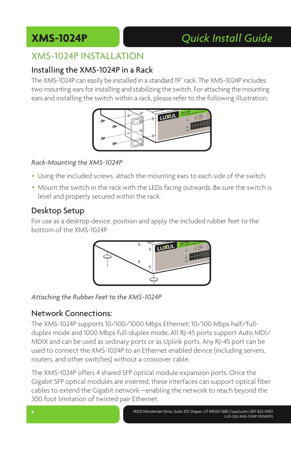 Quick install guide xms-1024p, Xms-1024p installation, Installing the xms-1024p in a rack | Desktop setup, Network connections | Luxul XMS-1024P User Manual | Page 6 / 8