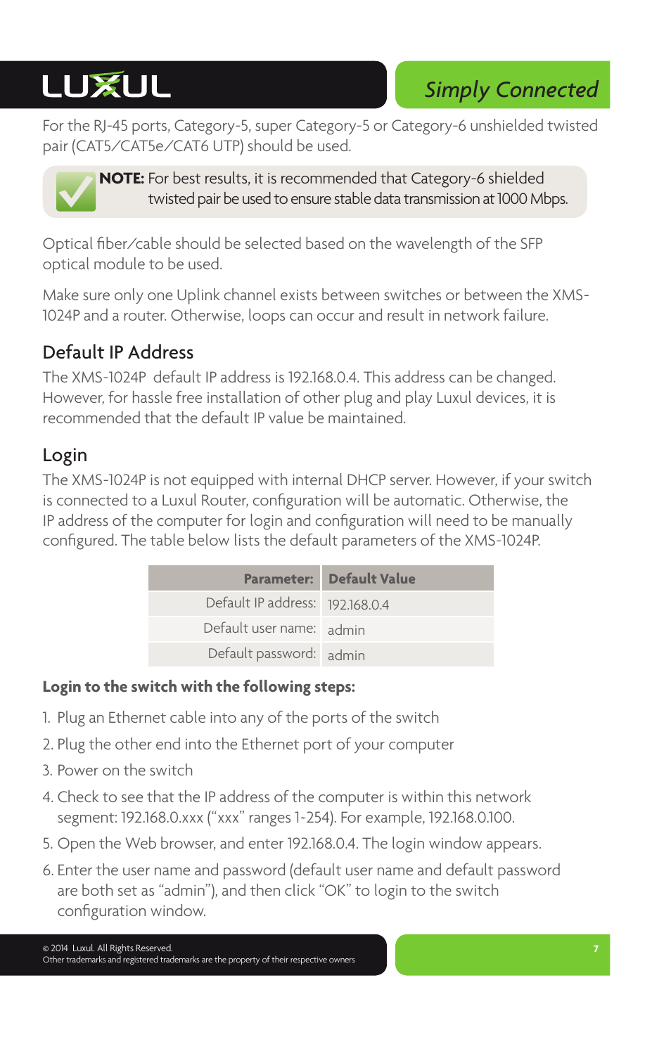 Simply connected, Default ip address, Login | Luxul XMS-1024P User Manual | Page 7 / 8