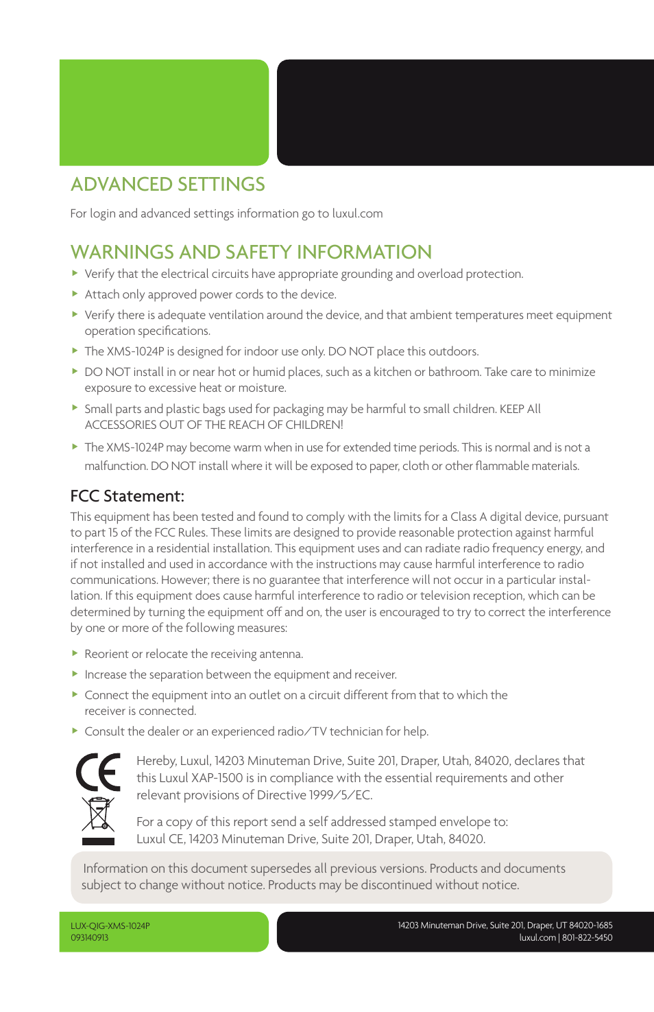 Advanced settings, Warnings and safety information, Fcc statement | Luxul XMS-1024P User Manual | Page 8 / 8