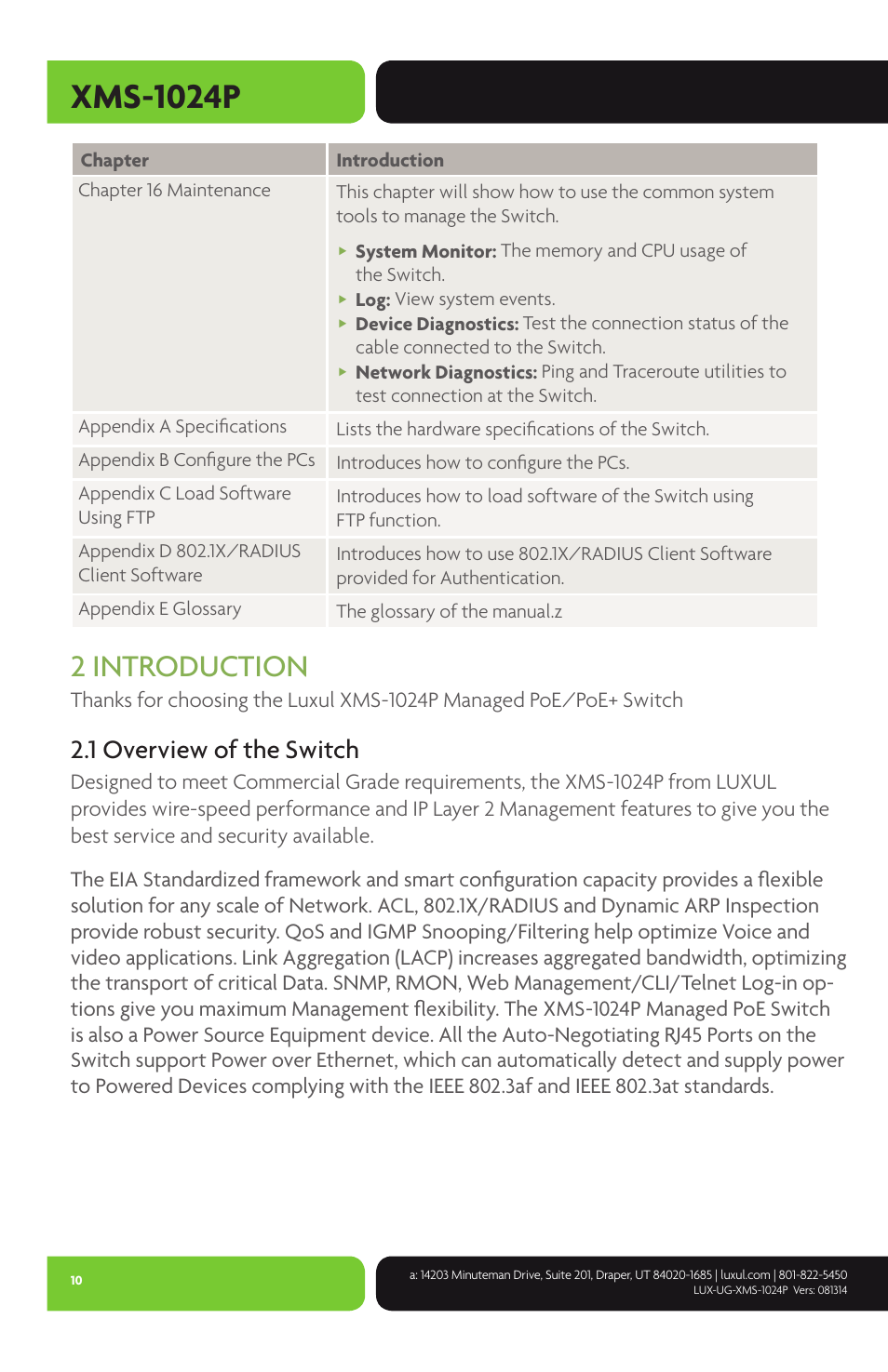 Xms-1024p, 2 introduction, 1 overview of the switch | Luxul XMS-1024P User Manual | Page 10 / 292