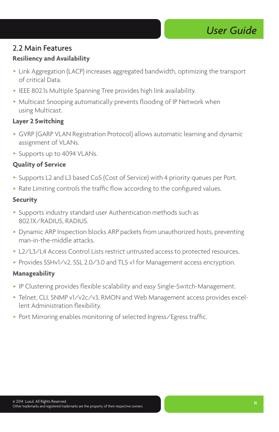 User guide, 2 main features, Resiliency and availability | Supports up to 4094 vlans. quality of service | Luxul XMS-1024P User Manual | Page 11 / 292