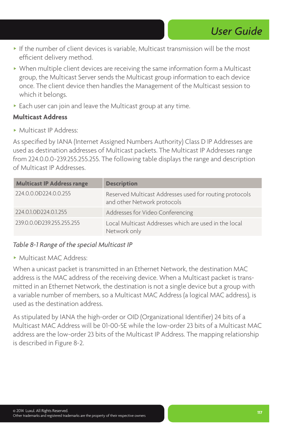 User guide, Table 8-1 range of the special multicast ip | Luxul XMS-1024P User Manual | Page 117 / 292