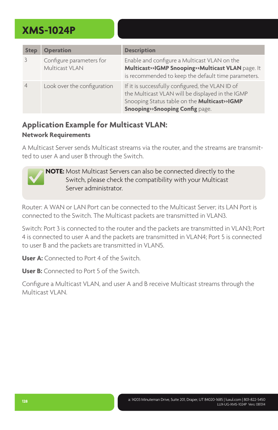 Xms-1024p, Application example for multicast vlan | Luxul XMS-1024P User Manual | Page 128 / 292