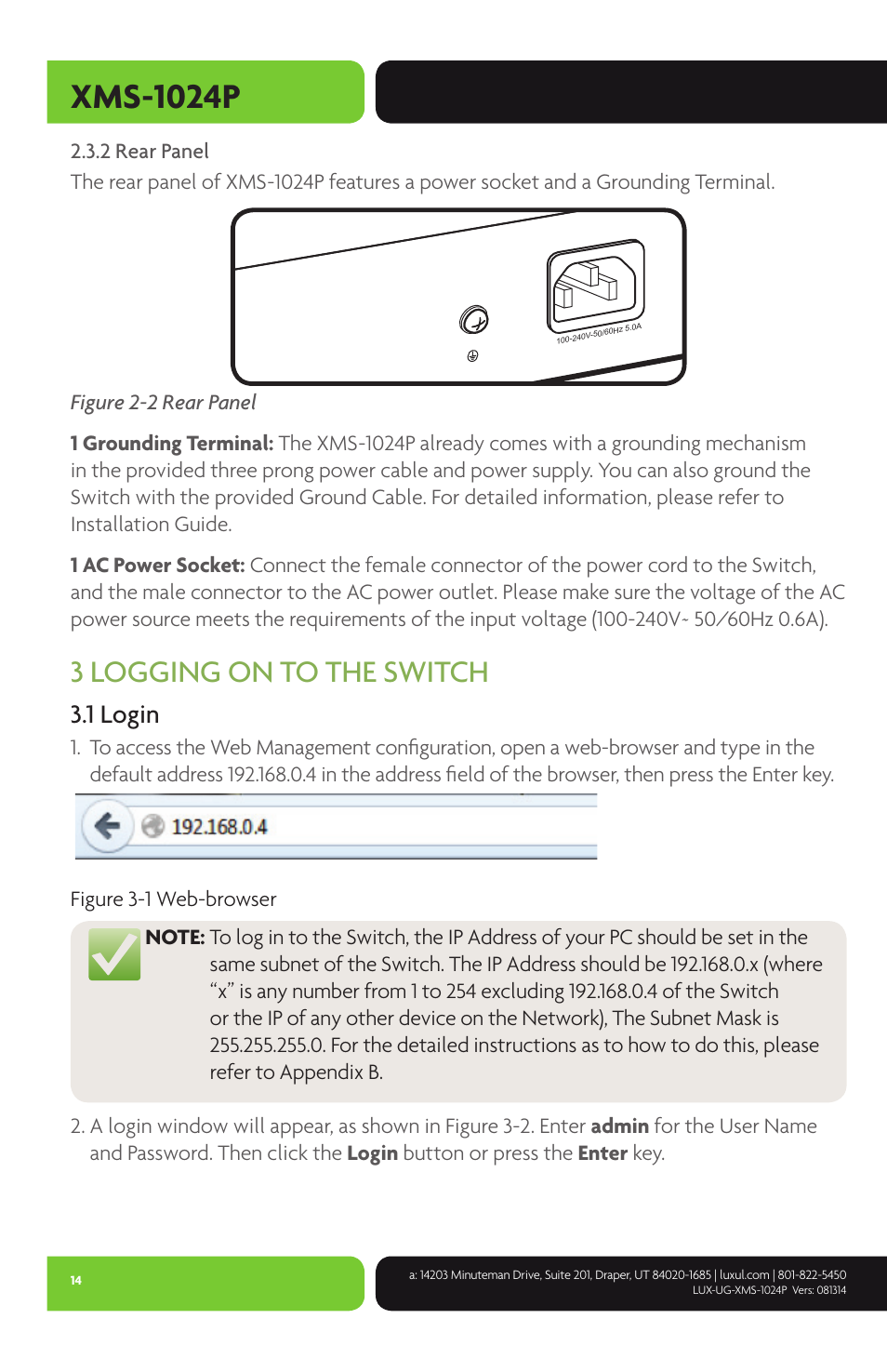 Xms-1024p, 3 logging on to the switch, 1 login | Luxul XMS-1024P User Manual | Page 14 / 292