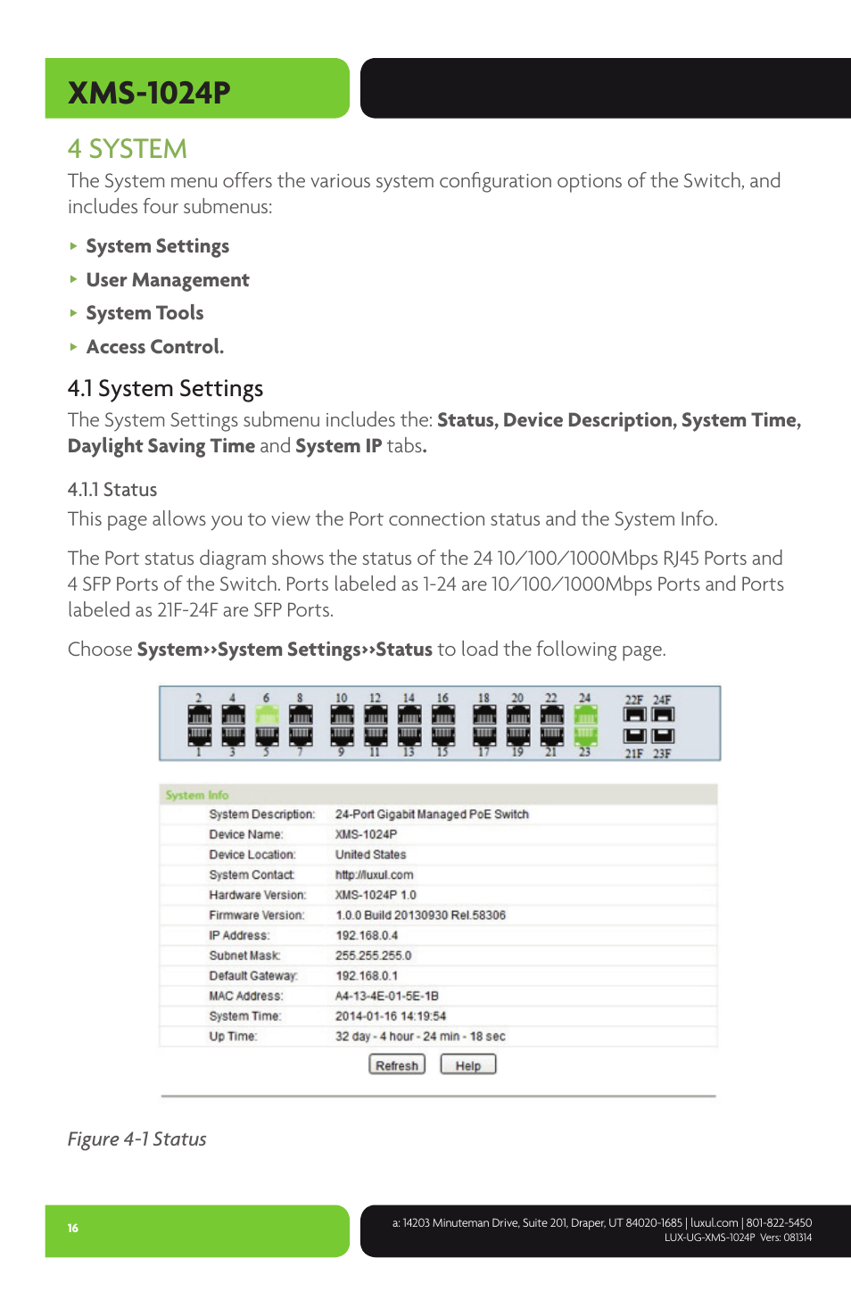 Xms-1024p, 4 system, 1 system settings | Luxul XMS-1024P User Manual | Page 16 / 292