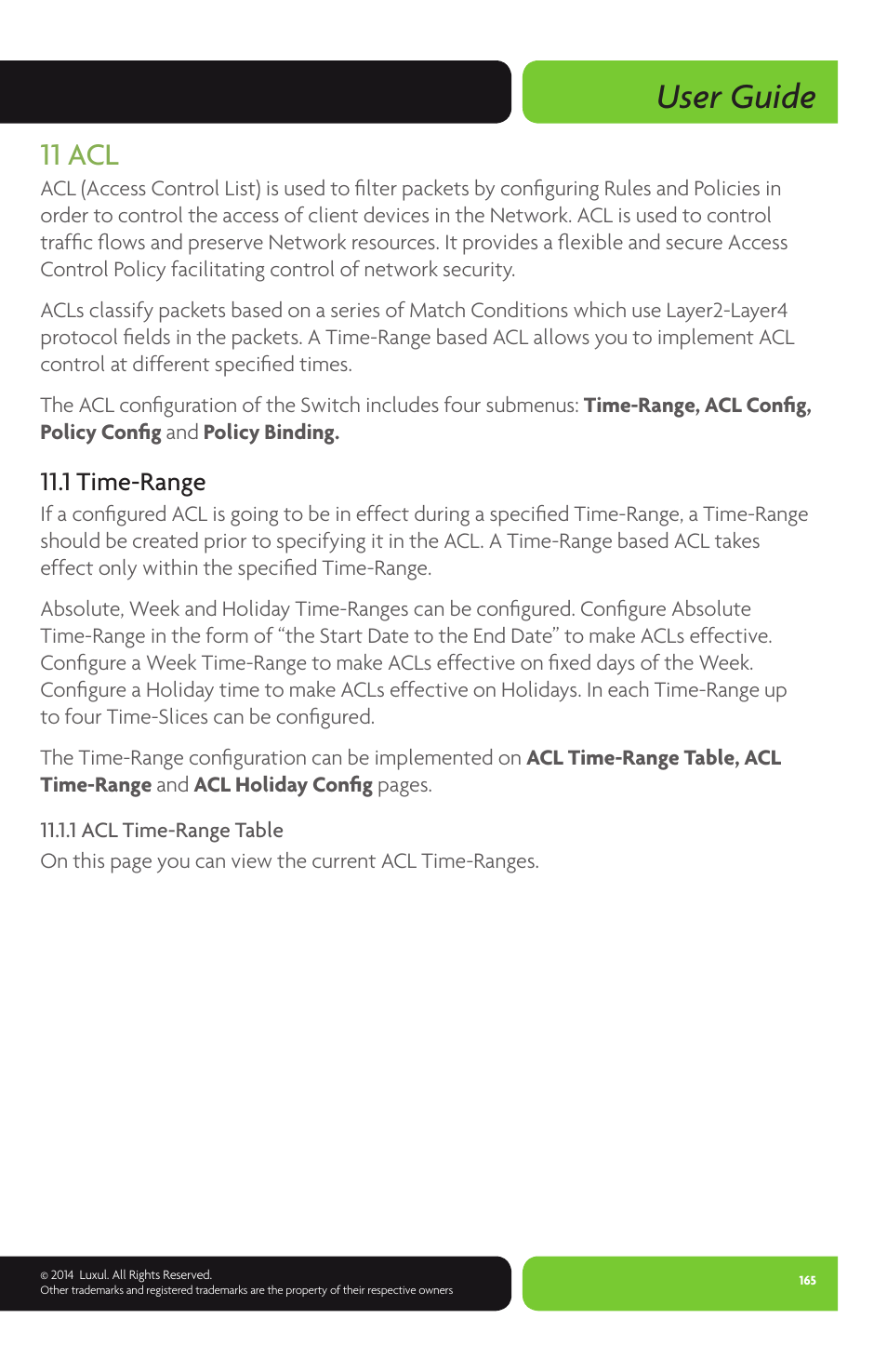 User guide, 11 acl, 1 time-range | Luxul XMS-1024P User Manual | Page 165 / 292