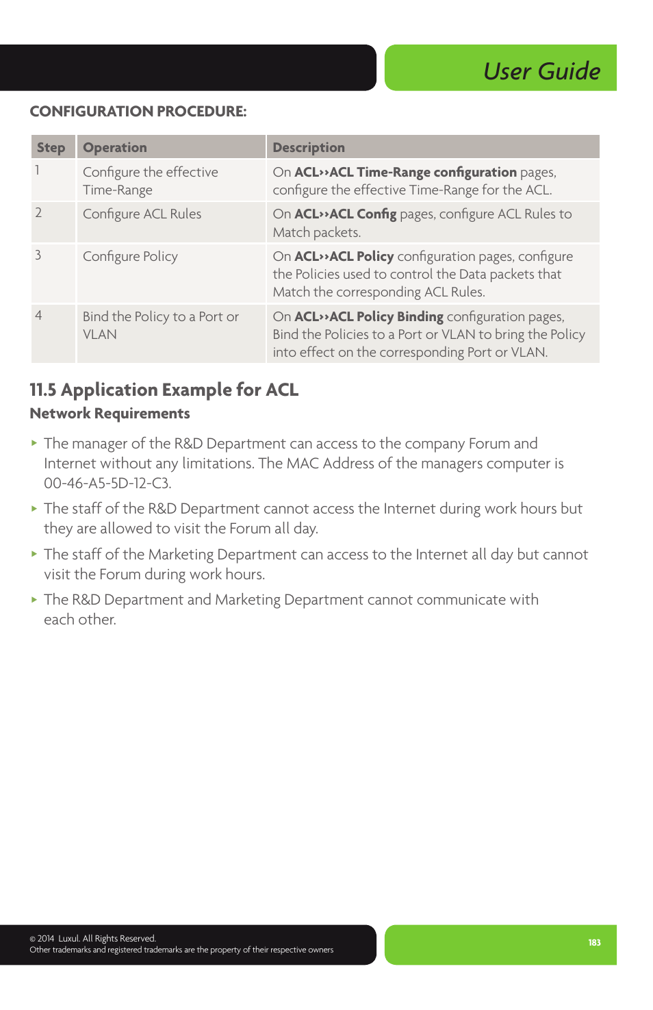 User guide, 5 application example for acl, Configuration procedure | Network requirements | Luxul XMS-1024P User Manual | Page 183 / 292