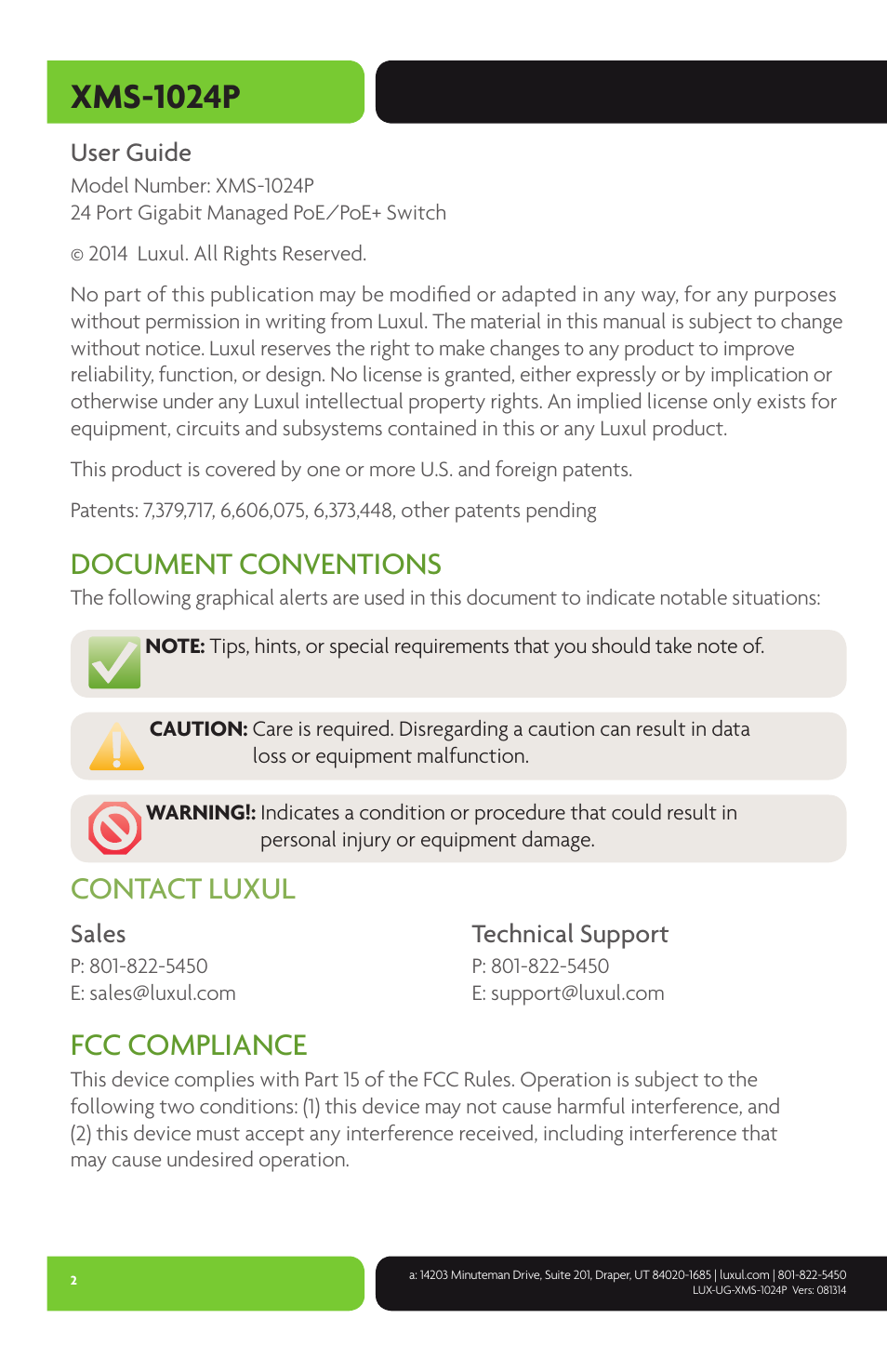 Xms-1024p, Document conventions, Contact luxul fcc compliance | Luxul XMS-1024P User Manual | Page 2 / 292