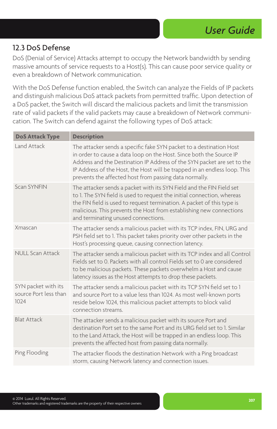 User guide, 3 dos defense | Luxul XMS-1024P User Manual | Page 207 / 292