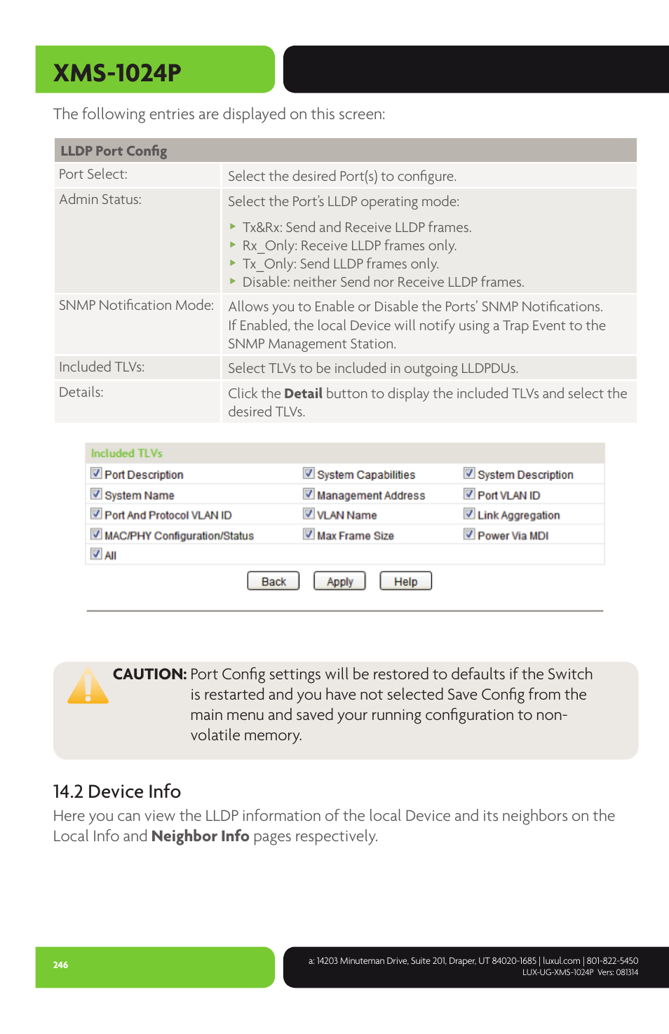 Xms-1024p, 2 device info, The following entries are displayed on this screen | Luxul XMS-1024P User Manual | Page 246 / 292