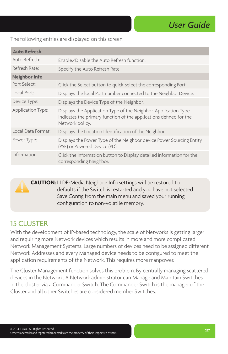 User guide, 15 cluster | Luxul XMS-1024P User Manual | Page 257 / 292