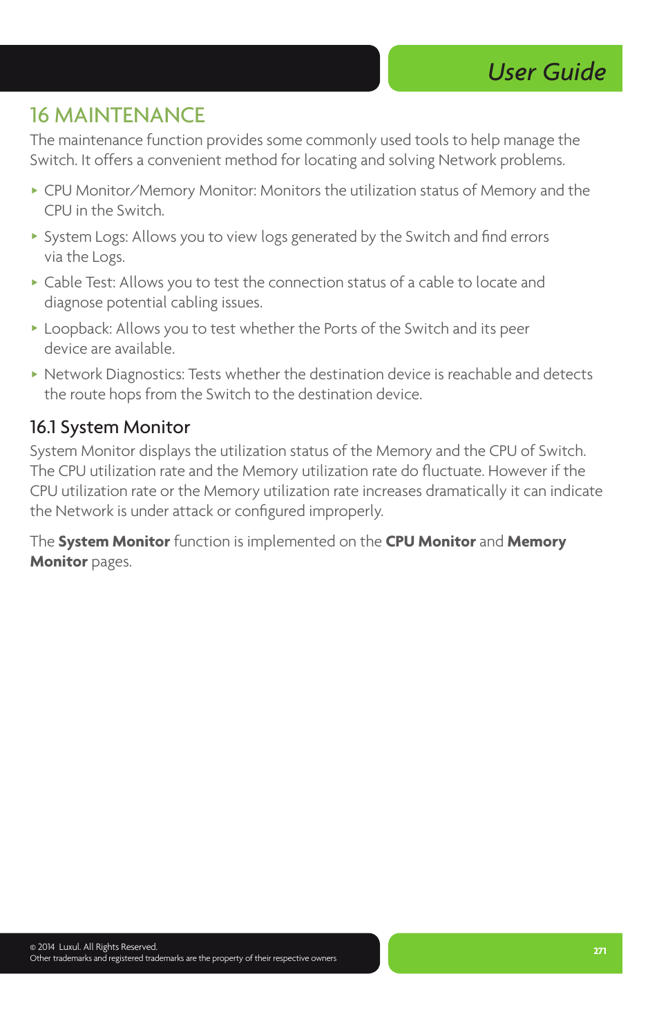 User guide, 16 maintenance, 1 system monitor | Luxul XMS-1024P User Manual | Page 271 / 292